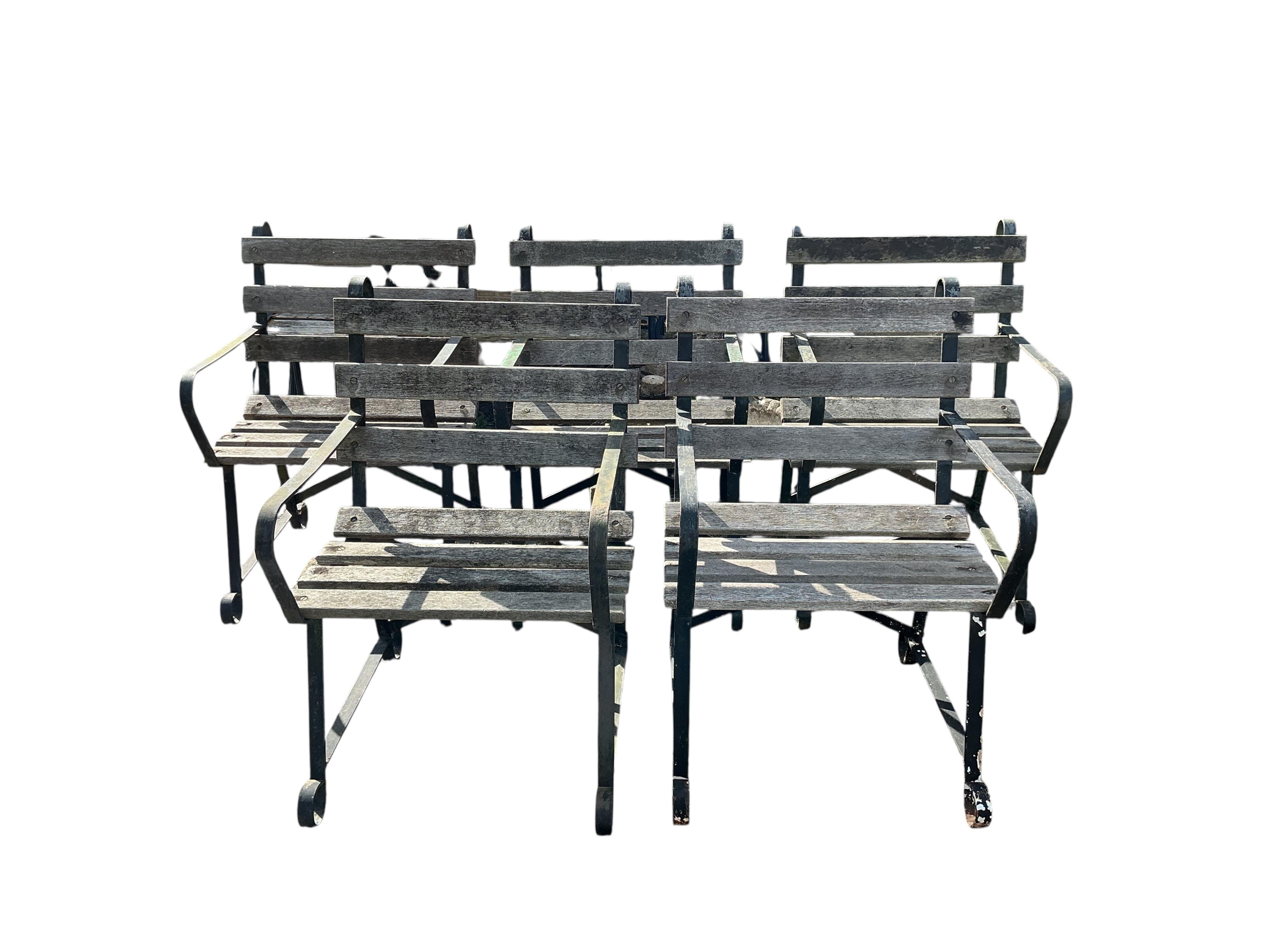 Five slatted wrought iron garden chairs, width 60cm, depth 63cm, height 90cm